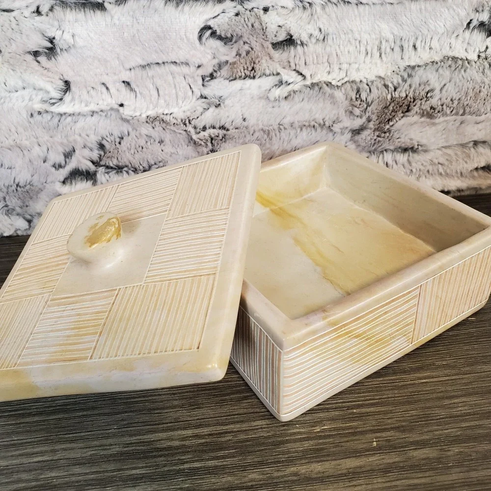 Square Carved Soapstone Trinket Box W/ Lid Geometric Neutrals HEAVY Kenya
